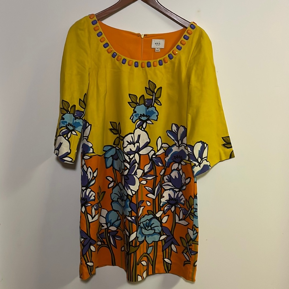 Eci New York Vintage Dress Women's Size 8 Linen Blend Colorful Floral Print